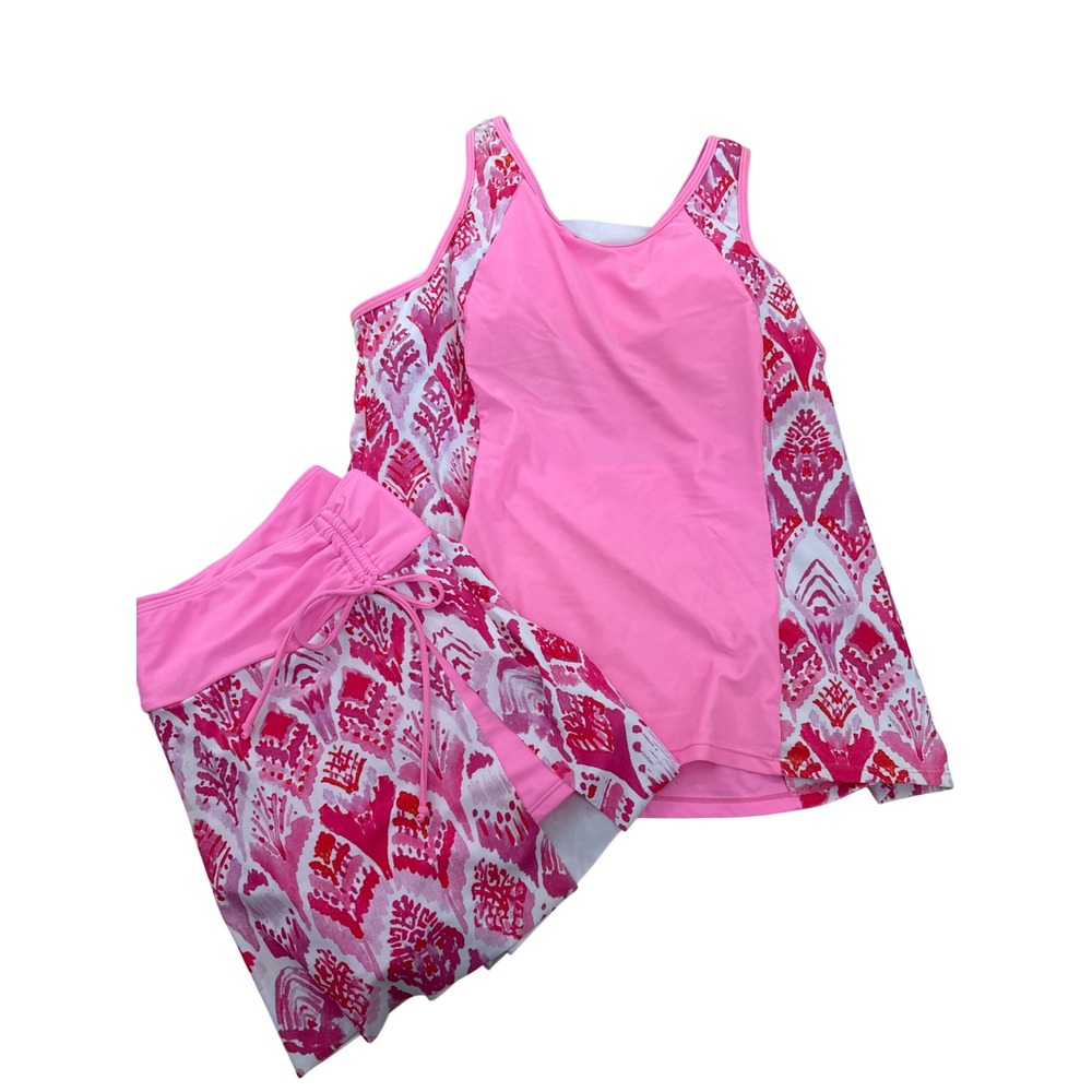 XL Pink Ikat Prt Tankini Set Skirted Bottoms Cutout Back Swimsuit Womens MODLILY